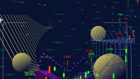 Colorful graphs and spherical elements creating animation in abstract digital Stock Footage 306199841