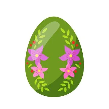 Colorful green easter egg, with green leaves, and flowers. hand drawn. vector Stock Illustration
