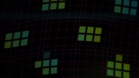 Colorful grid pattern with glowing squares on black background. Stock Footage 335507886