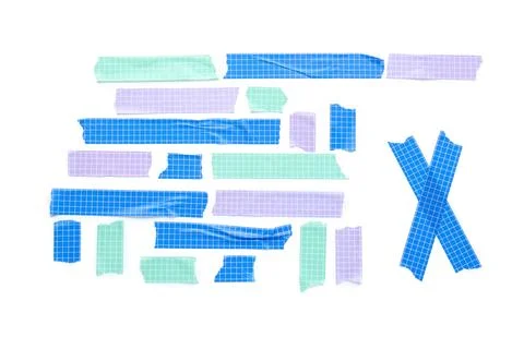 Colorful grid patterned adhesive tape strips and pieces with torn edges on wh Stock Photos