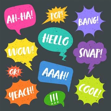 Colorful grunge comic speech bubbles with handwritten text. Hand drawn retro Stock Illustration