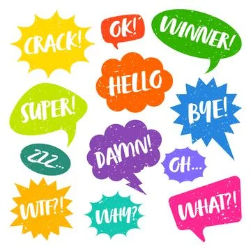 Colorful grunge comic speech bubbles with handwritten text. Hand drawn retro Stock Illustration