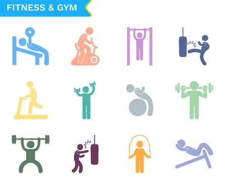 Colorful gym flat vector icon set on white background. Set of 12 vector icons Illustrazione stock