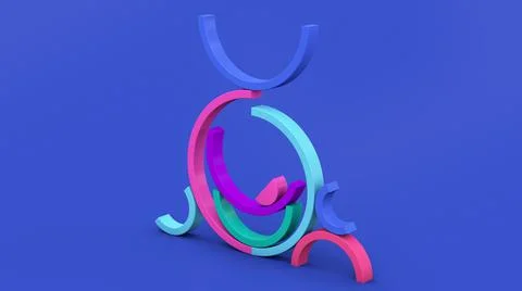 Colorful half circle shapes. Blue background. 3d render. Stock Illustration