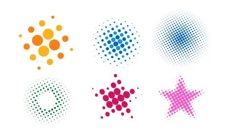 Colorful Halftone Dot Patterns Forming Circular and Geometric Abstract Shapes Stock Illustration