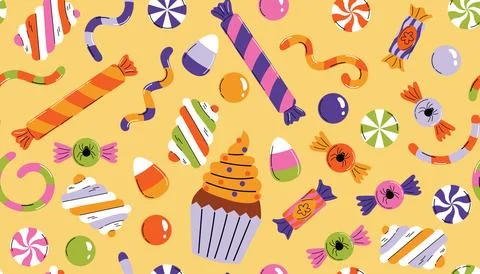 Colorful Halloween seamless pattern with candy, lollipops, marshmallows, gu.. Stock Illustration