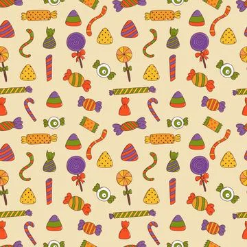 Colorful halloween sweets seamless pattern. Halloween elements. Trick or trea イラスト素材