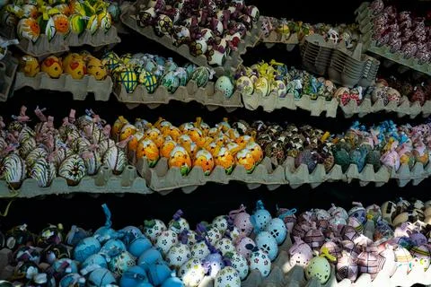 Colorful Hand Decorated Easter Eggs Displayed at Traditional Market Stock Photos