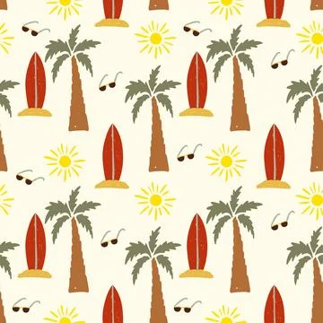 Colorful hand drawn beach pattern featuring palm trees, surfboards, and Stock Illustration