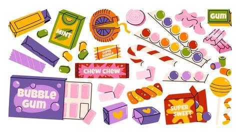 Colorful hand drawn collection of sweets and chewing gums in whimsical shapes. Stock Illustration