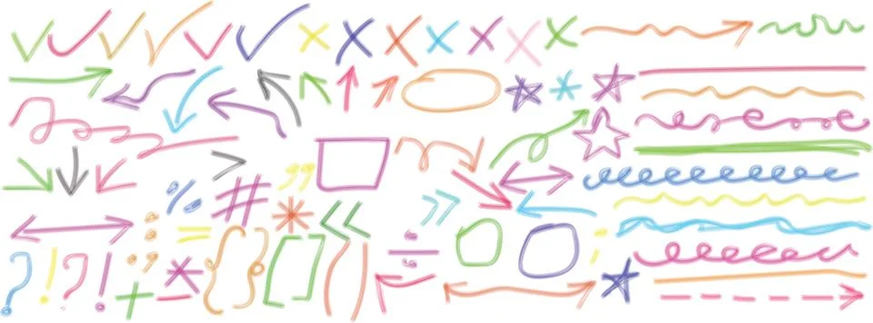 Colorful hand drawn doodle elements set with arrows check marks and math sy.. Stock Illustration