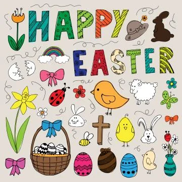 Colorful Hand drawn easter doodles set Stock Illustration