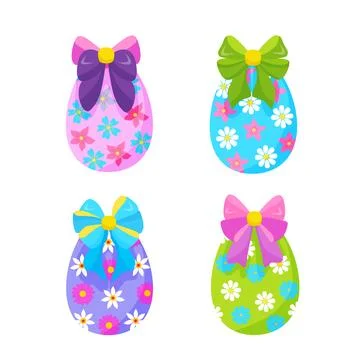Colorful hand-drawn Easter eggs set with bows, ribbons and flowers. vector Stock Illustration
