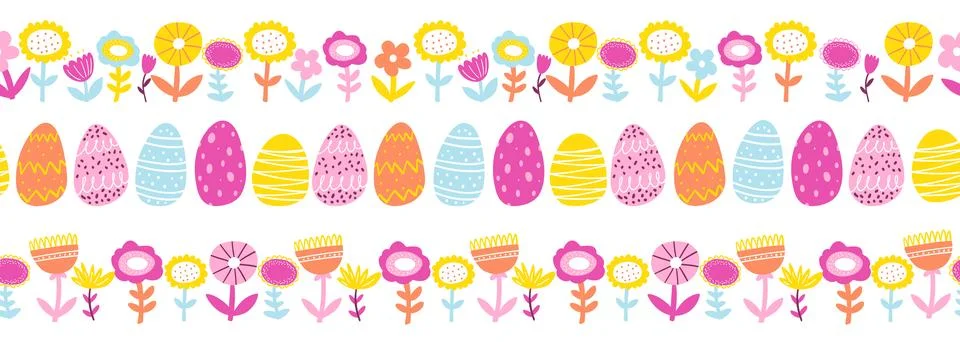 Colorful hand drawn Easter horizontal seamless border, pattern, cute doodle eggs Illustrazione stock
