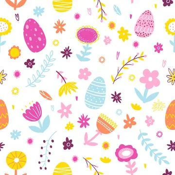 Colorful hand drawn Easter seamless pattern with plants, flowers, easter eggs Stockillustratie