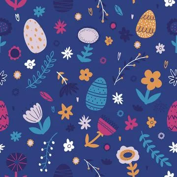 Colorful hand drawn Easter seamless pattern with plants, flowers, easter eggs イラスト素材