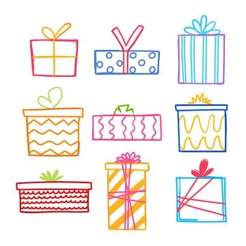 Colorful hand drawn gift boxes celebrating different occasions Stockillustratie