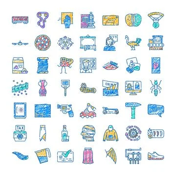 Colorful hand drawn icon set illustrating diverse concepts Stock Illustration