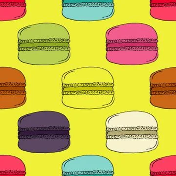 Colorful Hand-drawn Macarons Pattern on Yellow Background Stock Illustration