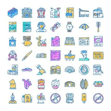 Colorful hand drawn scribble icons business healthcare social set 스톡 일러스트