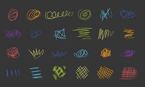 Colorful hand-drawn scribble textures and doodle elements set Stock Illustration