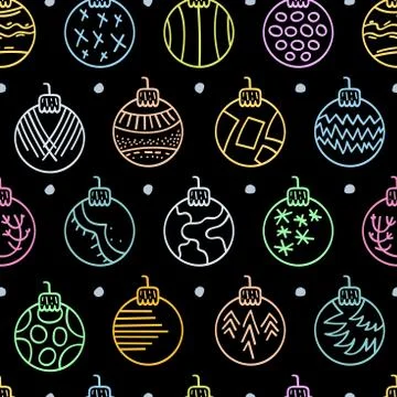 Colorful Hand drawn seamless pattern with Christmas Balls on black background Stock Illustration