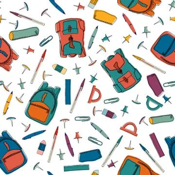 Colorful hand drawn seamless pattern made of stationery items. Vector Stock Illustration