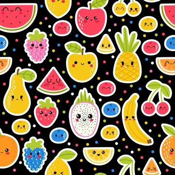 Colorful hand drawn seamless pattern with summer tropical fruit and berries.. Stock Illustration