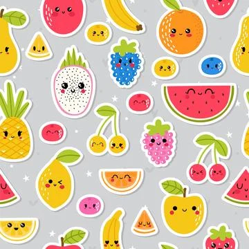 Colorful hand drawn seamless pattern with summer tropical fruit and berries.. Illustrazione stock