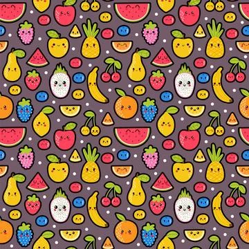 Colorful hand drawn seamless pattern with summer tropical fruit and berries.. Stock Illustration