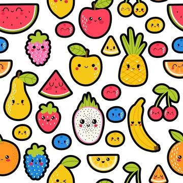 Colorful hand drawn seamless pattern with summer tropical fruit and berries.. Stock Illustration