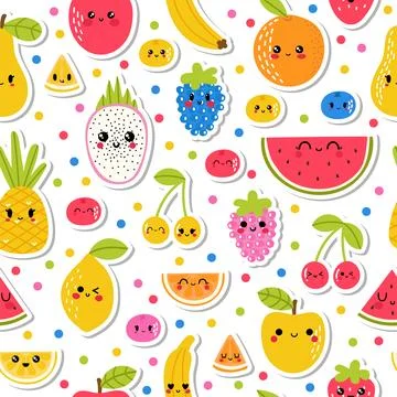 Colorful hand drawn seamless pattern with tropical summer fruit and berries.. Illustrazione stock