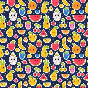Colorful hand drawn seamless pattern with summer tropical fruit and berries.. Stock Illustration