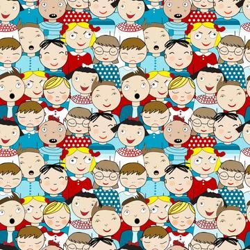 Colorful hand drawn seamless pattern with cute faces of children Stock Illustration