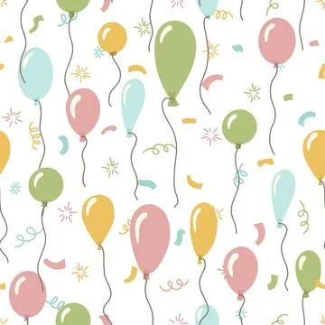 Colorful hand drawn seamless pattern balloons and festive birthday confetti, Illustrazione stock