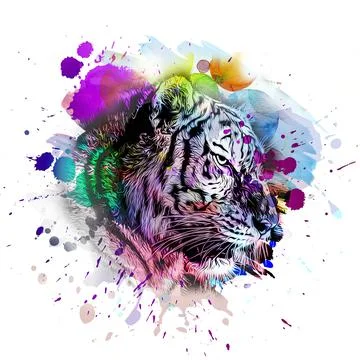 Colorful hand-drawn tiger muzzle, abstract colorful background Stock Illustration
