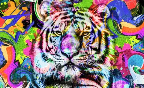 Colorful hand-drawn tiger muzzle, abstract colorful background Stock Illustration
