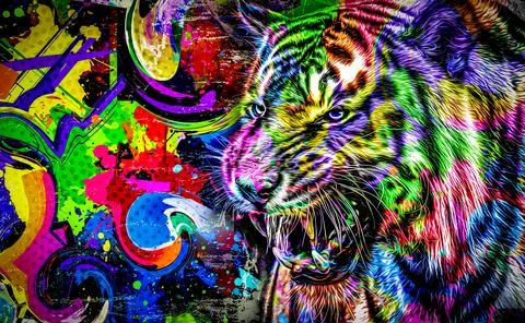 Colorful hand-drawn tiger muzzle, abstract colorful background Stock Illustration