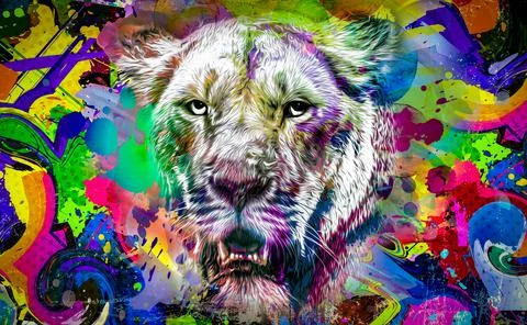 Colorful hand-drawn tiger muzzle, abstract colorful background Illustrazione stock