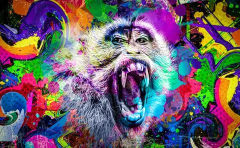 Colorful hand-drawn tiger muzzle, abstract colorful background Stock Illustration