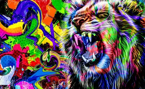 Colorful hand-drawn tiger muzzle, abstract colorful background Illustrazione stock