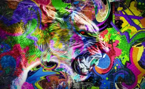 Colorful hand-drawn tiger muzzle, abstract colorful background Stock Illustration