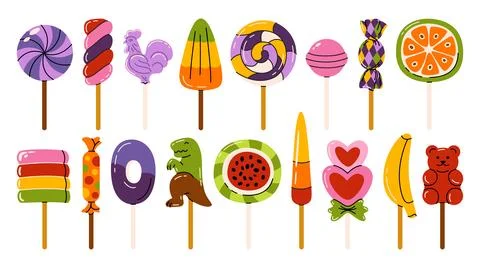 Colorful hand drawn vector collection of assorted lollipops and candy treats. Stock Illustration