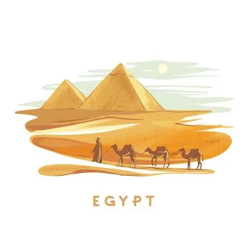 Colorful hand-drawn vector illustrations of the pyramid of Giza, Sphinx, Egypt Stock Illustration