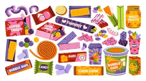 Colorful hand drawn vector illustrations set of various sweets and chewing gums. Stock Illustration