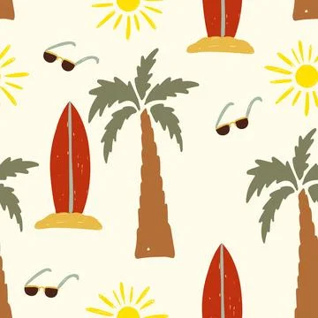 Colorful hand drawn vector pattern with palm trees, surfboards, and sunny vibes Illustrazione stock