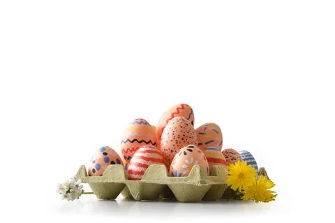 Colorful Hand Painted Easter Eggs in Carton Stock Photos