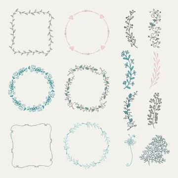 Colorful Hand Sketched Frames, Borders, Design Elements 库存插图