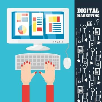 Colorful hand typing and using the computer in digital marketing 스톡 일러스트