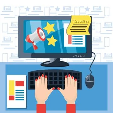 Colorful hand typing and using the computer in digital marketing 스톡 일러스트